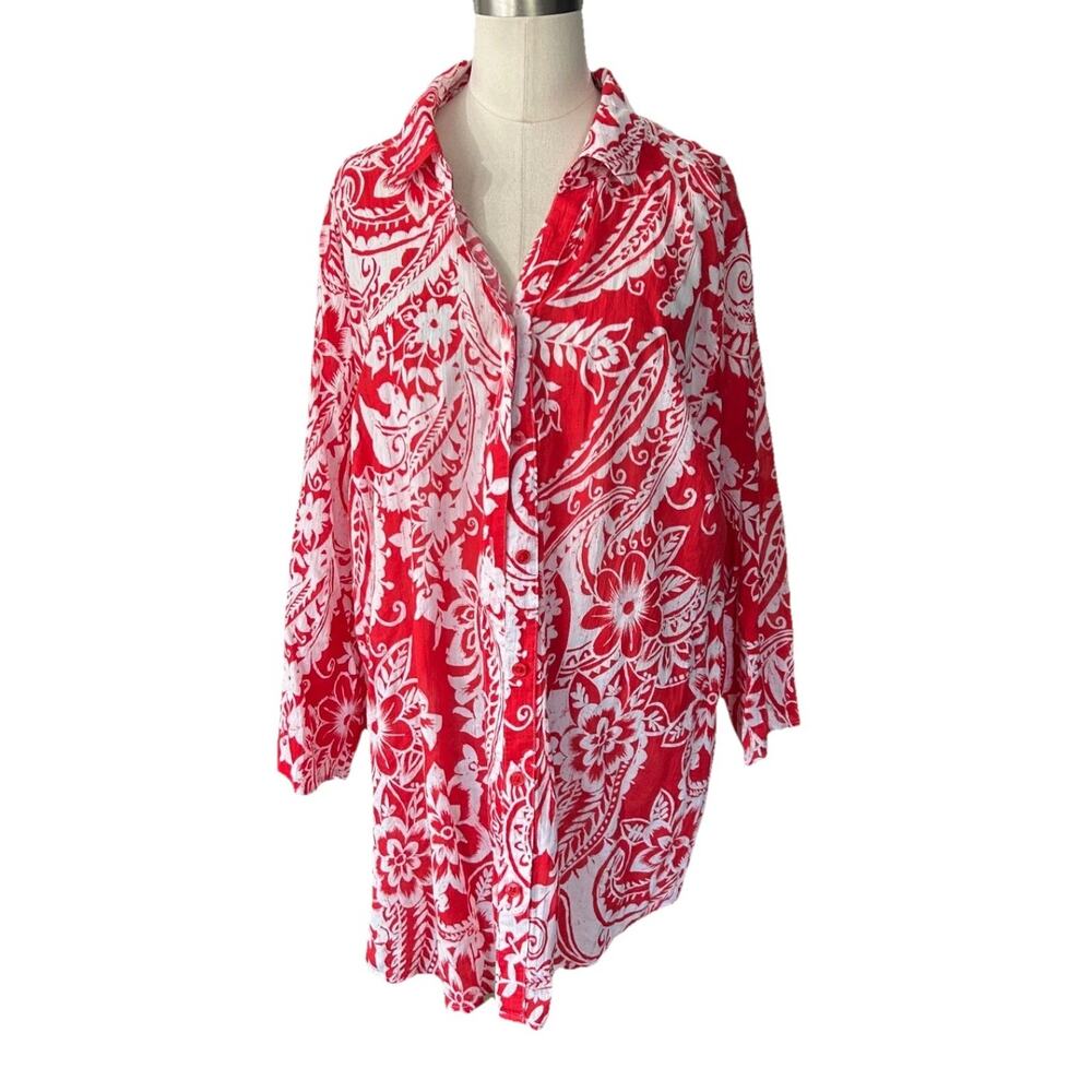 Chicos Roll Tab Sleeve Women’s Button Shirt Floral Red White Size 3/ 16/XL